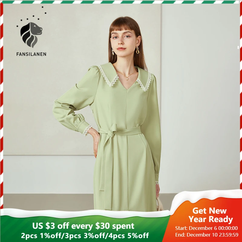 

Женское офисное платье fansilзанен, свободное зеленое платье с высокой талией и кружевным воротником, Новинка осени 2021, женское платье с длинн...