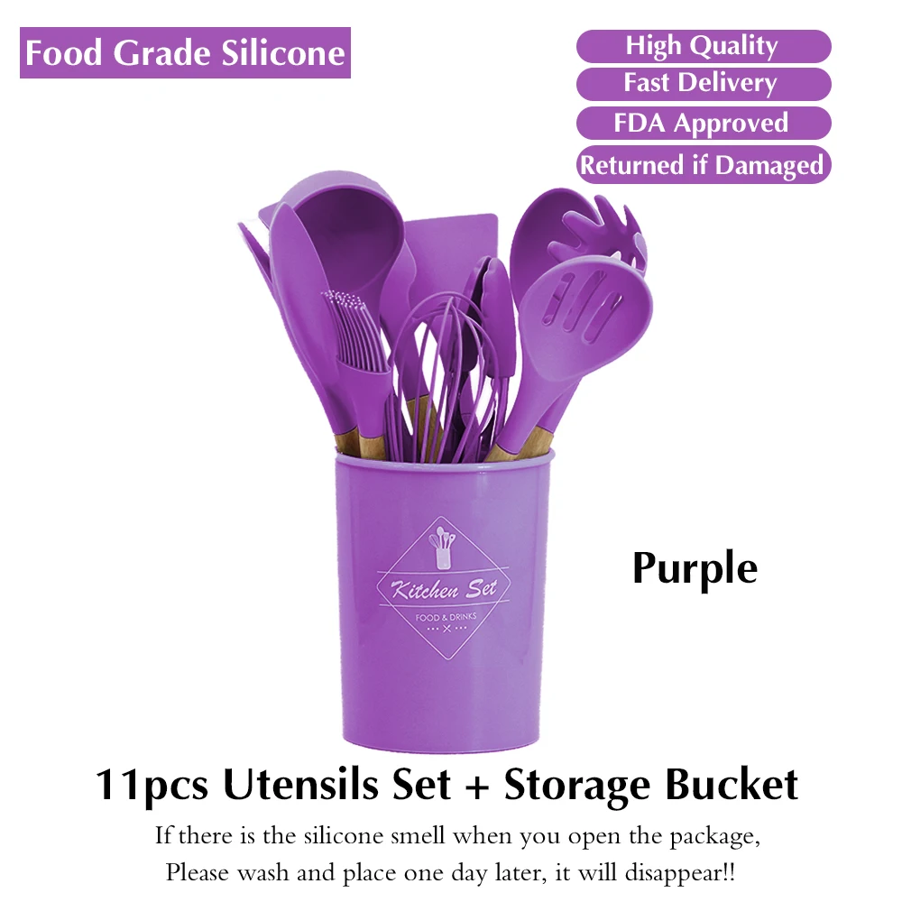 

Best 9 Colors Kitchen Cooking Utensils Set Silicone Wooden Handle Spoon Turner Whisk With Utensils Holder Storage 12pcs Cookware