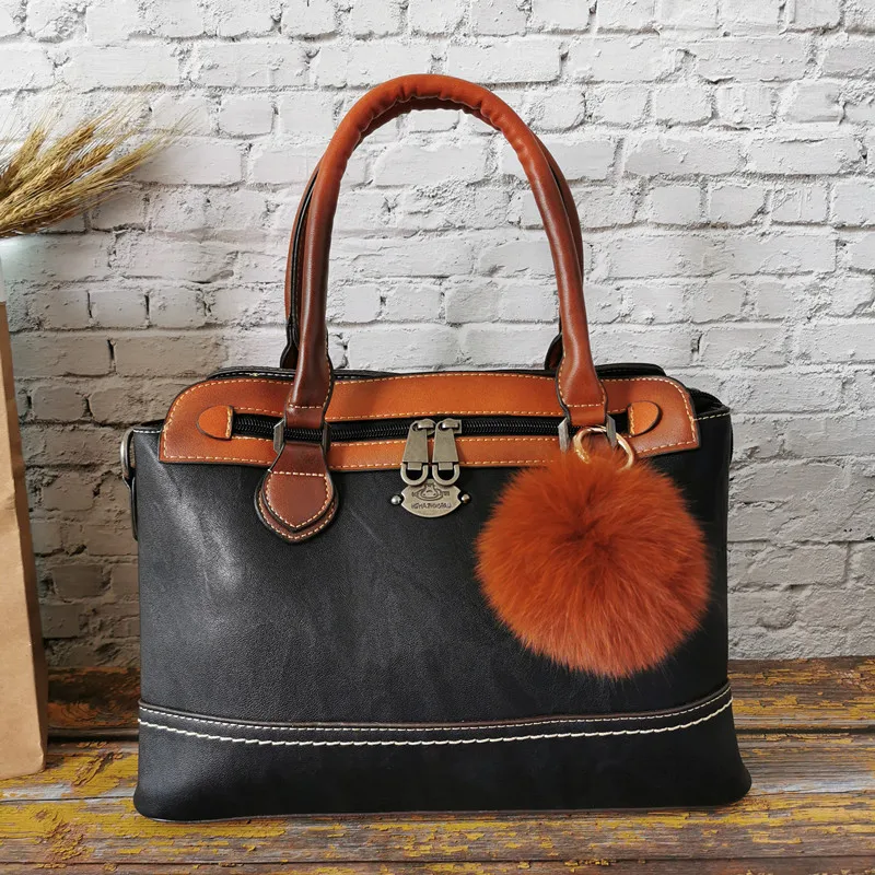 Black With Ball Сумки из натуральной воловьей кожи для женщин, винтажные роскошные сумки из натуральной кожи, женские сумки, дизайнерская Большая вместительная сумка на плечо - Цвет: Black With Ball