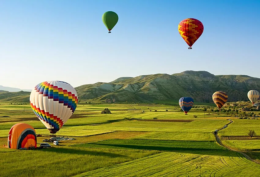 

Виниловый фон для студийной фотосъемки с изображением воздушных шаров, путешествий, летающих по всему миру, гор, поля размером 7 Х5 футов, размером 220 см x 150 см