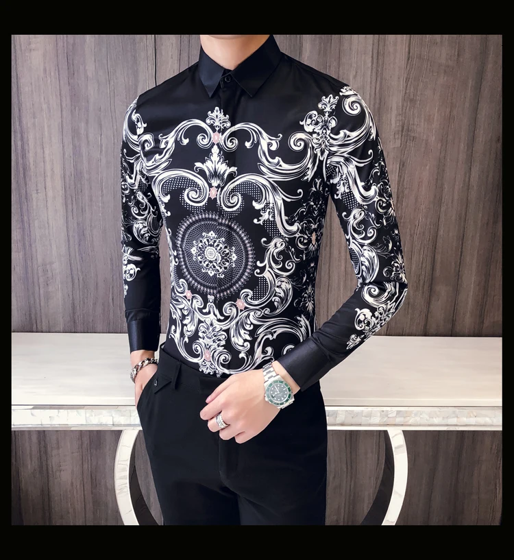Мужская рубашка с принтом пейсли, Camisa, облегающая мужская деловая рубашка для мужчин, облегающая Корейская одежда, мужская рубашка для выпускного вечера