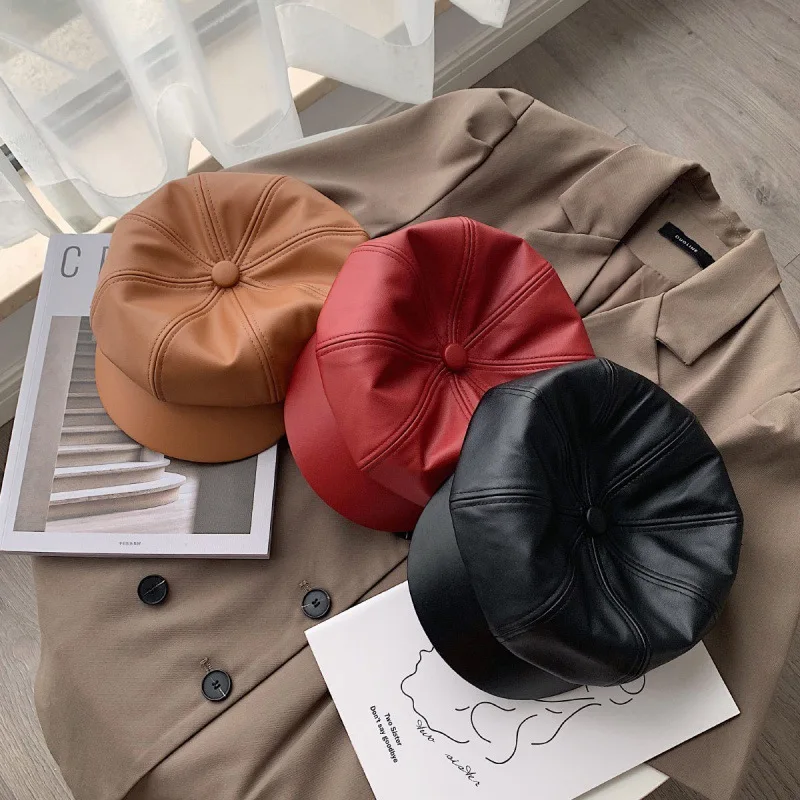 

Корейский кожаный козырек из искусственной кожи женский берет газетчика женская дизайнерская шляпа в французском стиле Дамская винтажная Кепка художника