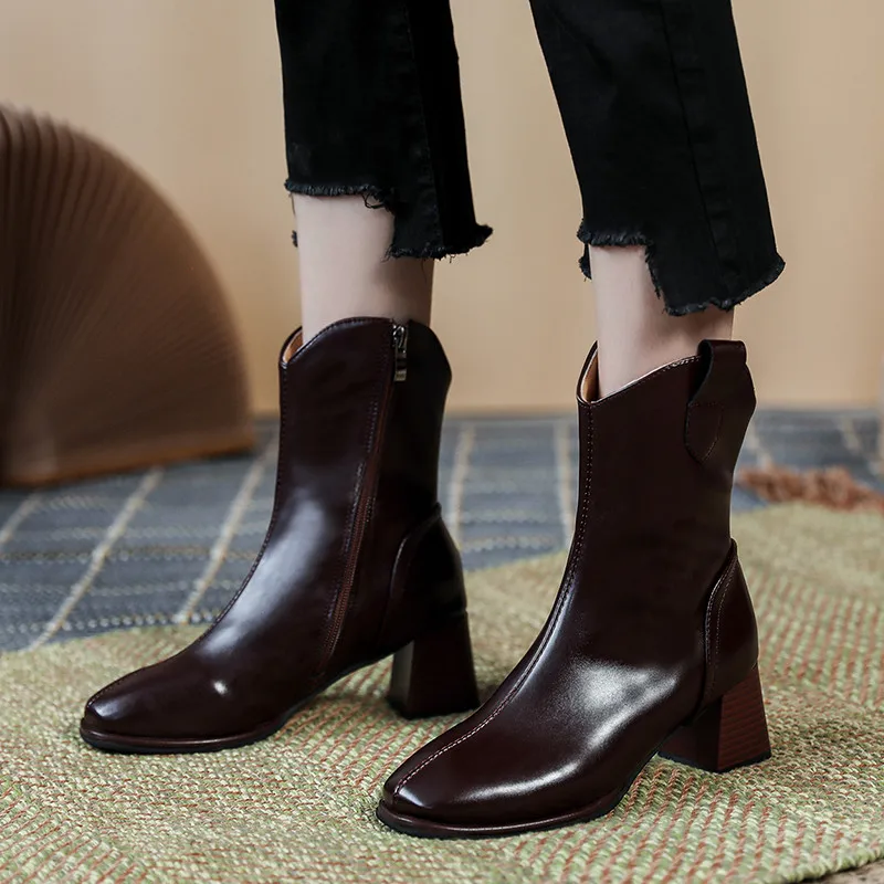 

New Luxury Stylish Boots Women Ankle Boots 5.5CM Heel Winter Shoes Ankle Boots Zipper Chunky Heel Botas Mujer Brand Designer