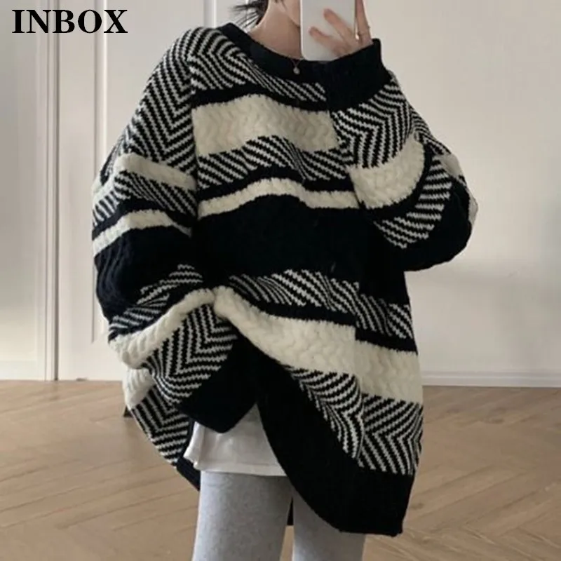 

Inbox Winter Striped Pullovers Women 2021 Korean Loose Knitwear Sweater Ladies Fashion Casual Long Sleeve Patchwork Jumper Lady