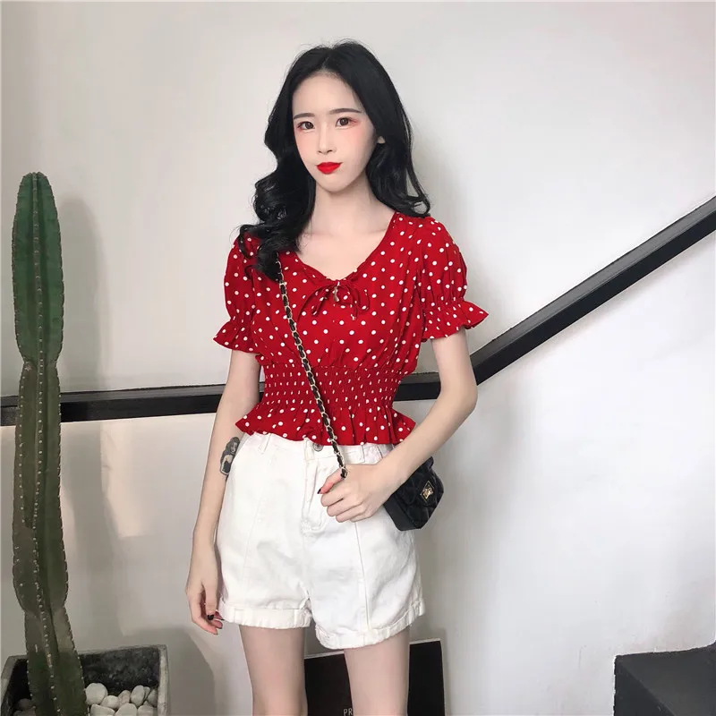 2020 Direct Selling New Vadim Sale Women Tops Korean  Size free Shipping Dot Shirt Sleeve V-neck None Regular Cotton Solid
