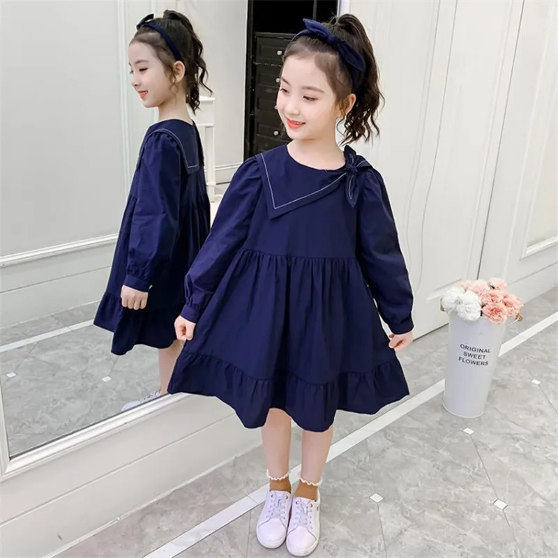 

Navy Blue Children Spring Summer Dress Baby Girls Dresses Trendy Kids Long Sleeve Ruffle Special Occasion High Quality