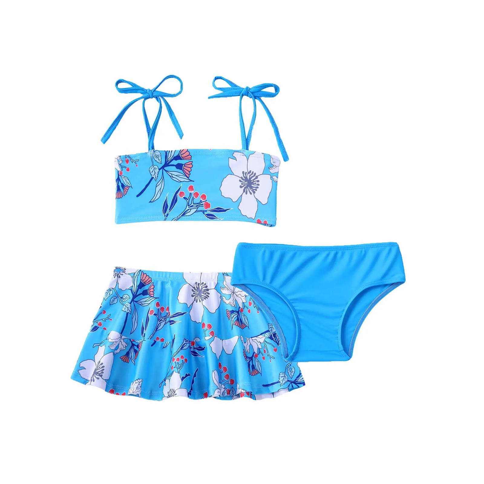 3Pcs Teen Girls Brazilian Swimsuits Summer Swimming Suit Straps Tube Tops with Skirt and Briefs Set Beach Swimwear Bathing Suits