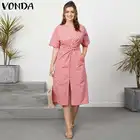 2021 летнее платье VONDA, женские винтажные клетчатые платья с разрезом и коротким рукавом, богемные вечерние платья, женский пляжный Сарафан