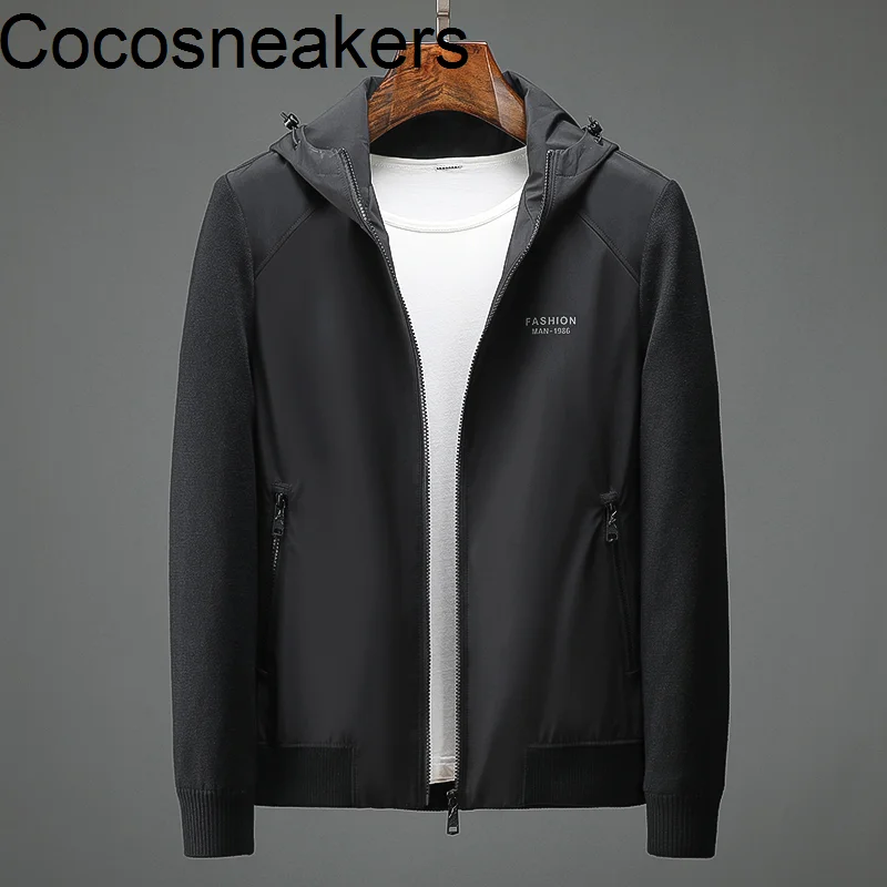 

New high-end hooded knitted jacket in autumn of 20 men's comfortable micro elastic slim fit short splicing casual coat