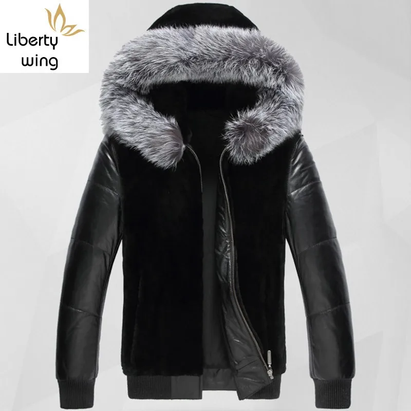 Top Brand Mens Pu Leather Motorcycle Jacket Faux Coat Fur Trim Hooded Winter Warm Overcoat Classic Black European Large Size | Мужская