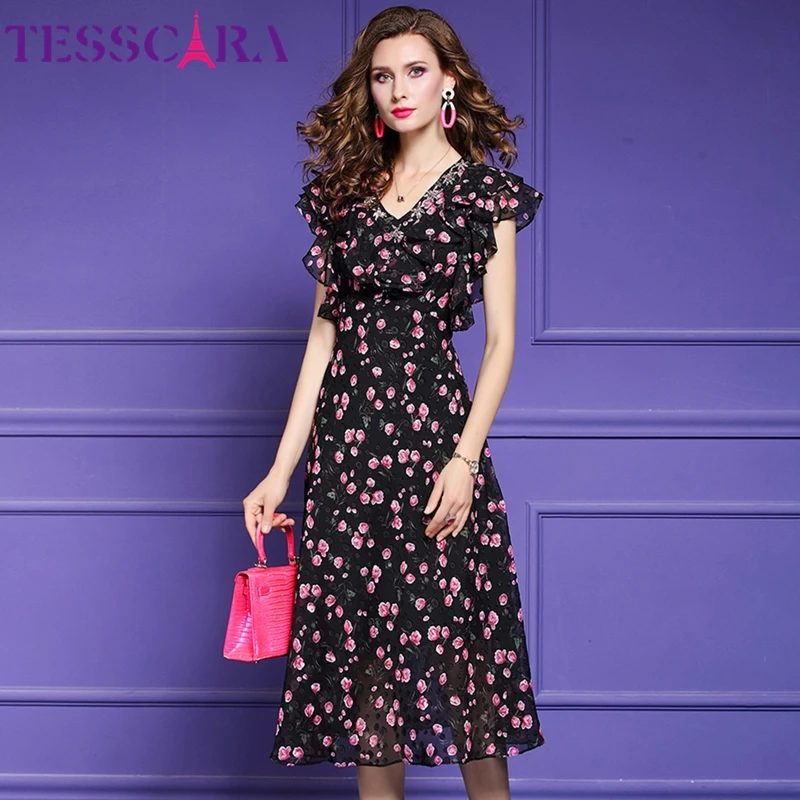 Женское летнее элегантное платье TESSCARA с бисером высококачественное шифоновое