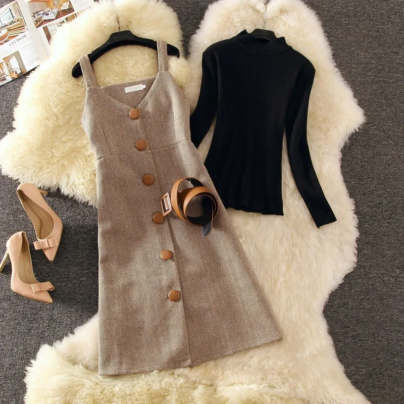 Весеннее зимнее элегантное женское платье миди на бретелях с длинным рукавом