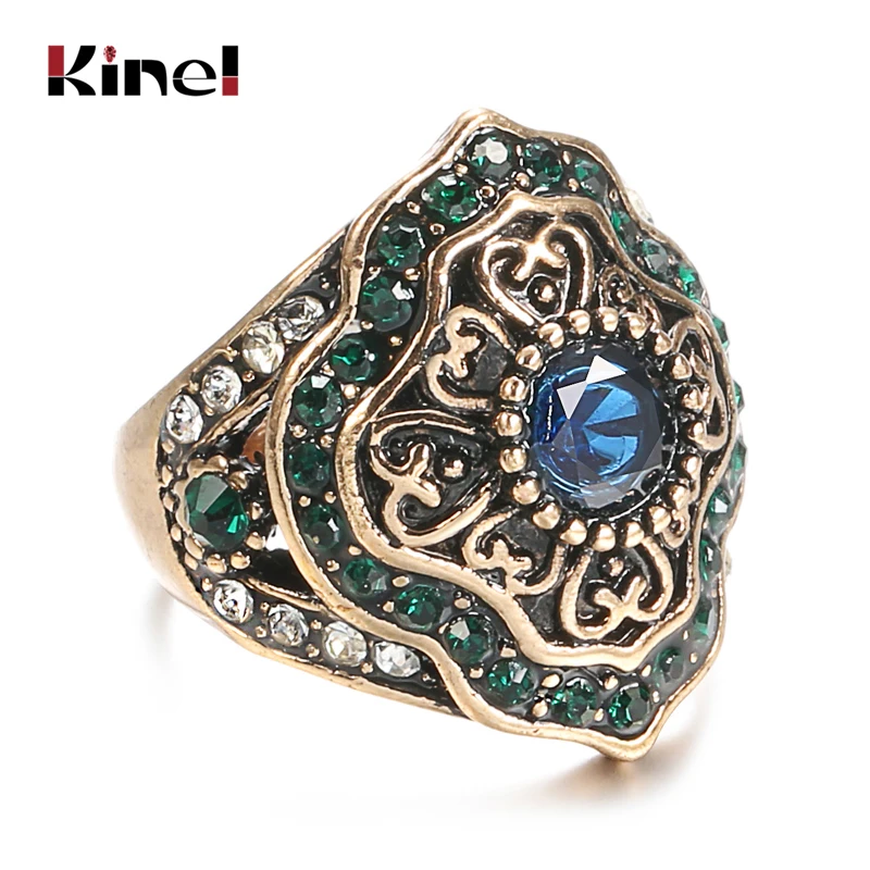 

Kinel New Arrival Vintage Wedding Blue Stone Rings For Women Antique Gold Color Inlaid Green Crystal Boho Jewelry