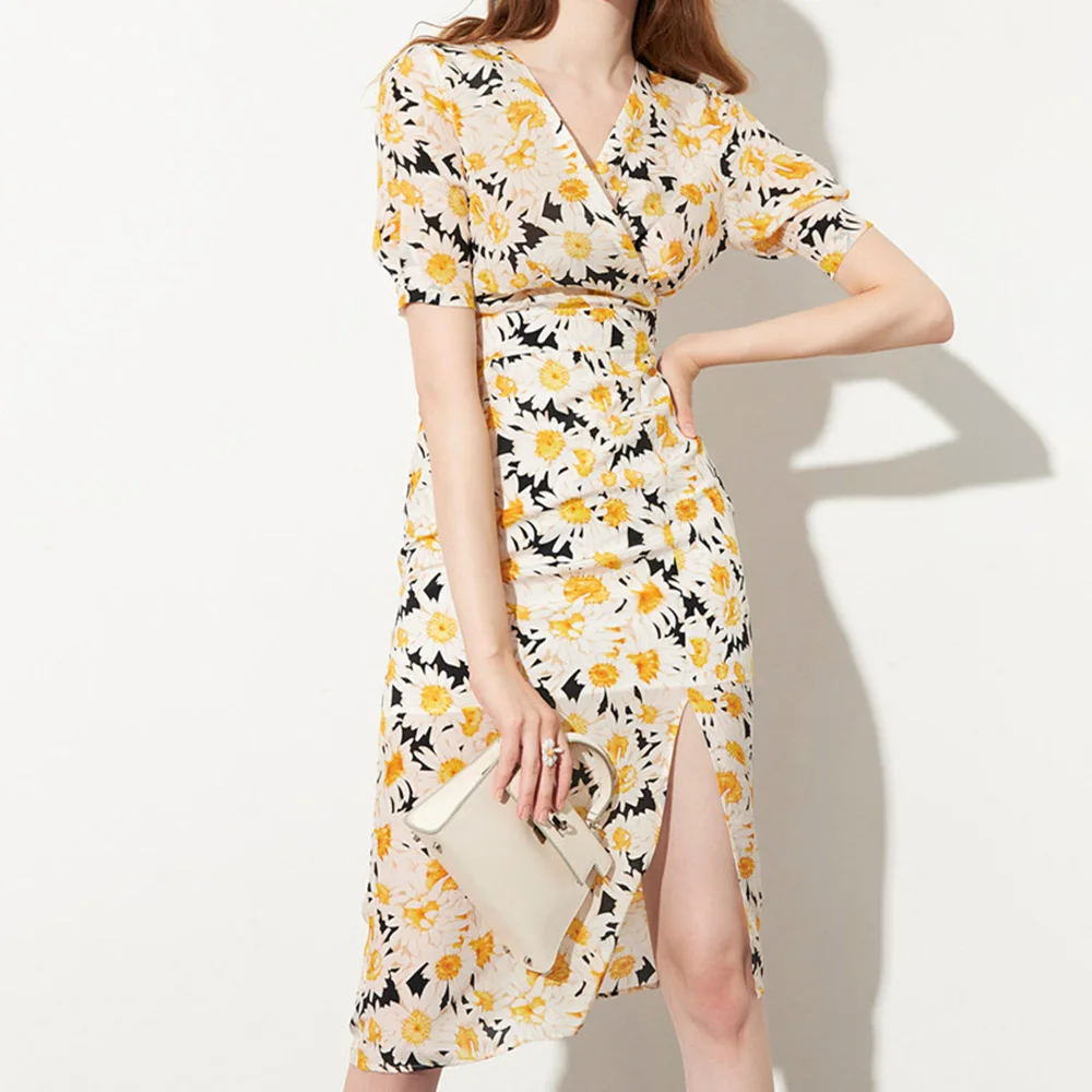 

Knee-Length Short Sleeve V-Neck Print Regular Women's Dress Casual Sexy Style Slim Flower Female Dress Ladies Fashion 2022