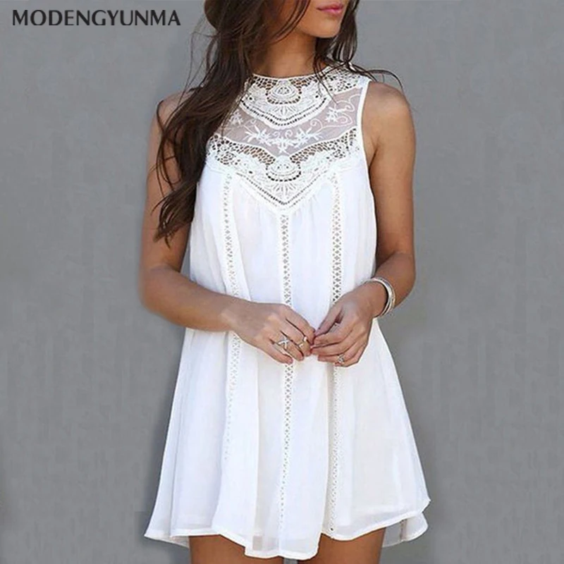 

New Summer Women Dress Sleeveless Womens Loose Beach Lace Dress High Quality Dresses Loose Casual Mini Vestidos Drop Shipping