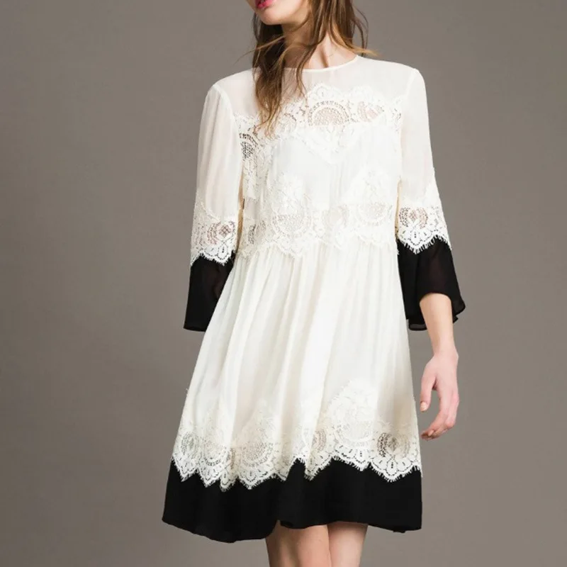 Женское платье новинка 2019 рукава Осеннее Новое Кружевное шелковое строченное в
