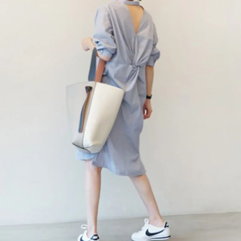 

Plus size summer dress 2020 fashion runway classic blue striped backless cross lace-up shirt dress women robe femme party dress