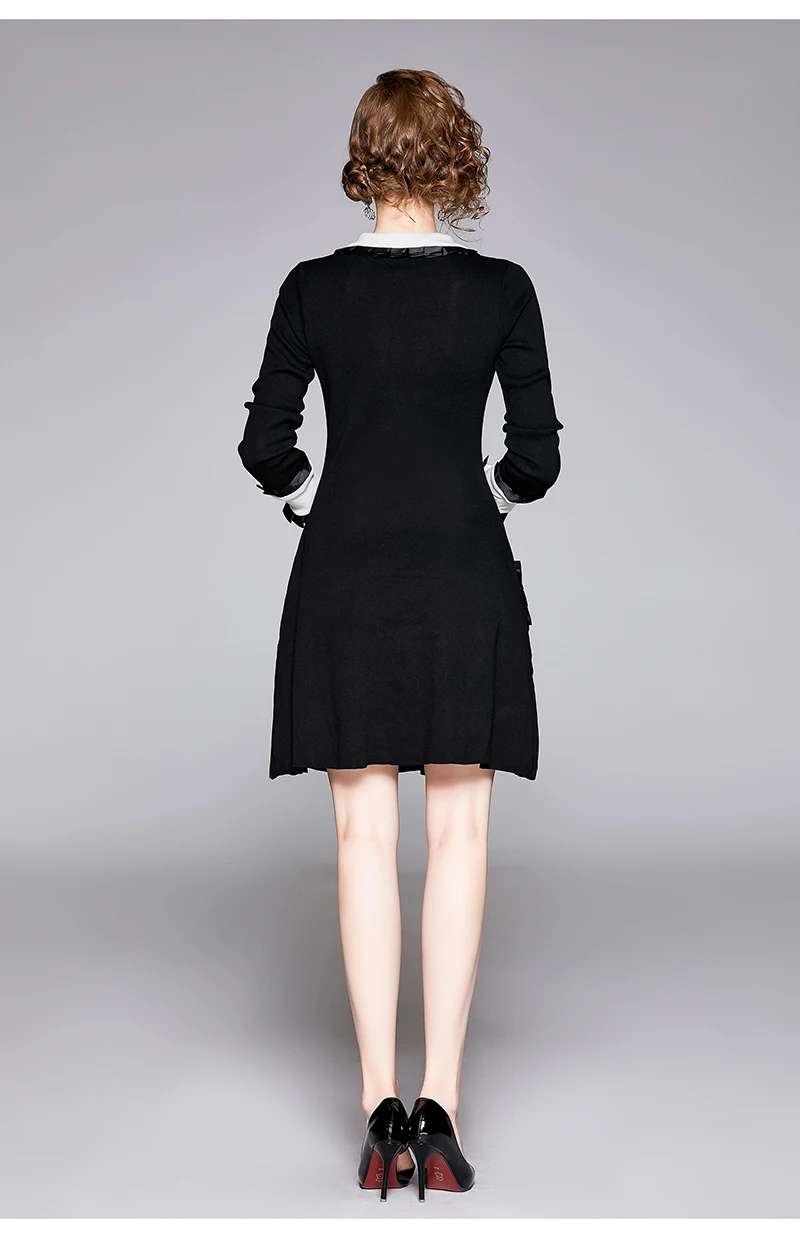 Trytree Autumn Winter Women Dress Casual Peter pan Collar Bow Embroidery Pocket Shirt Dresses Knitting Black Straight Mini Dress