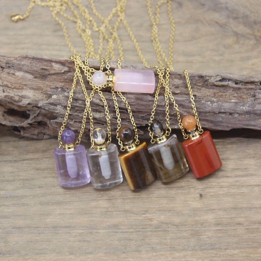 

Natural Red Jaspers Golden Necklaces Cylinder Essential Oil Vial Pendants Amethysts Rose Quartzs Perfume Bottle Jewelry QC1038