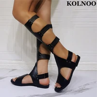 kolnoo handmade new womens flats sandals black faux leather open toe sexy summer party shoes large size fashion daily wear shoes