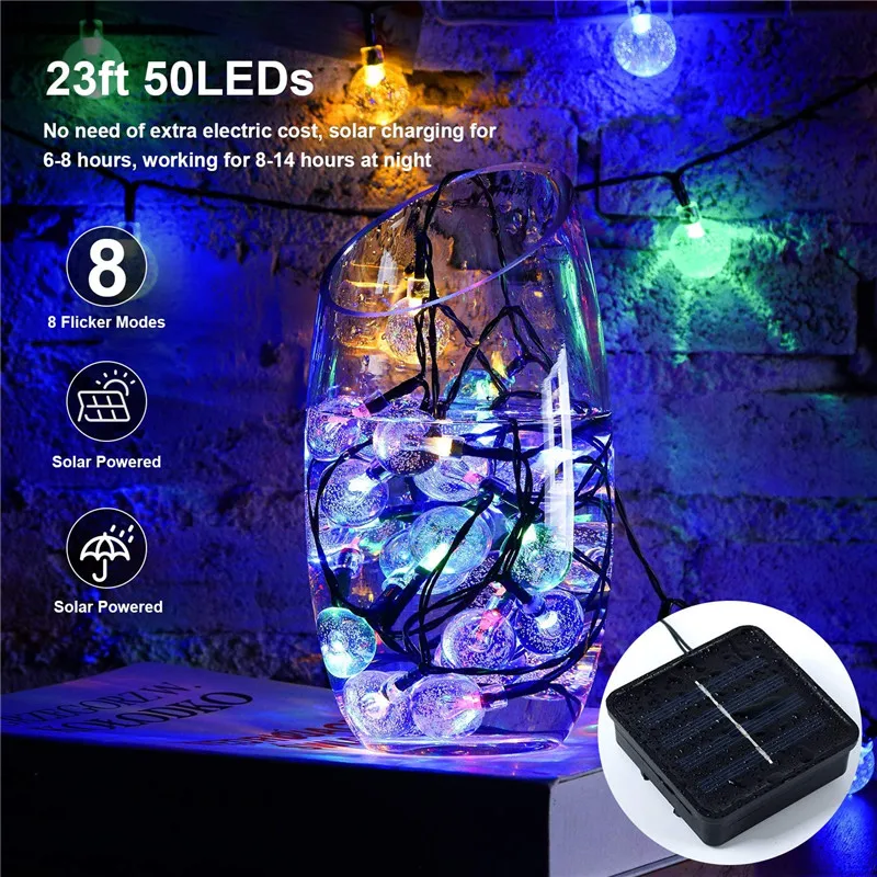 

New 50 LEDS 10M Crystal ball Solar Lamp Power LED String Fairy Lights Solar Garlands Garden Christmas Decor For Outdoor Colorful
