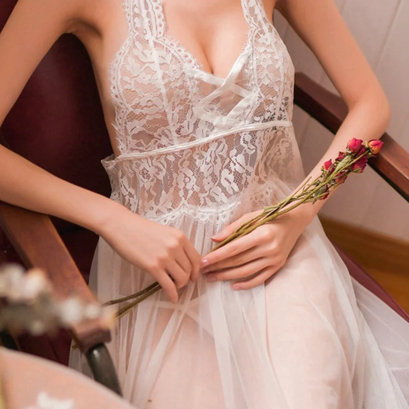 Длинные платья Сексуальная кружевная Женская одежда нижнее белье ночная рубашка