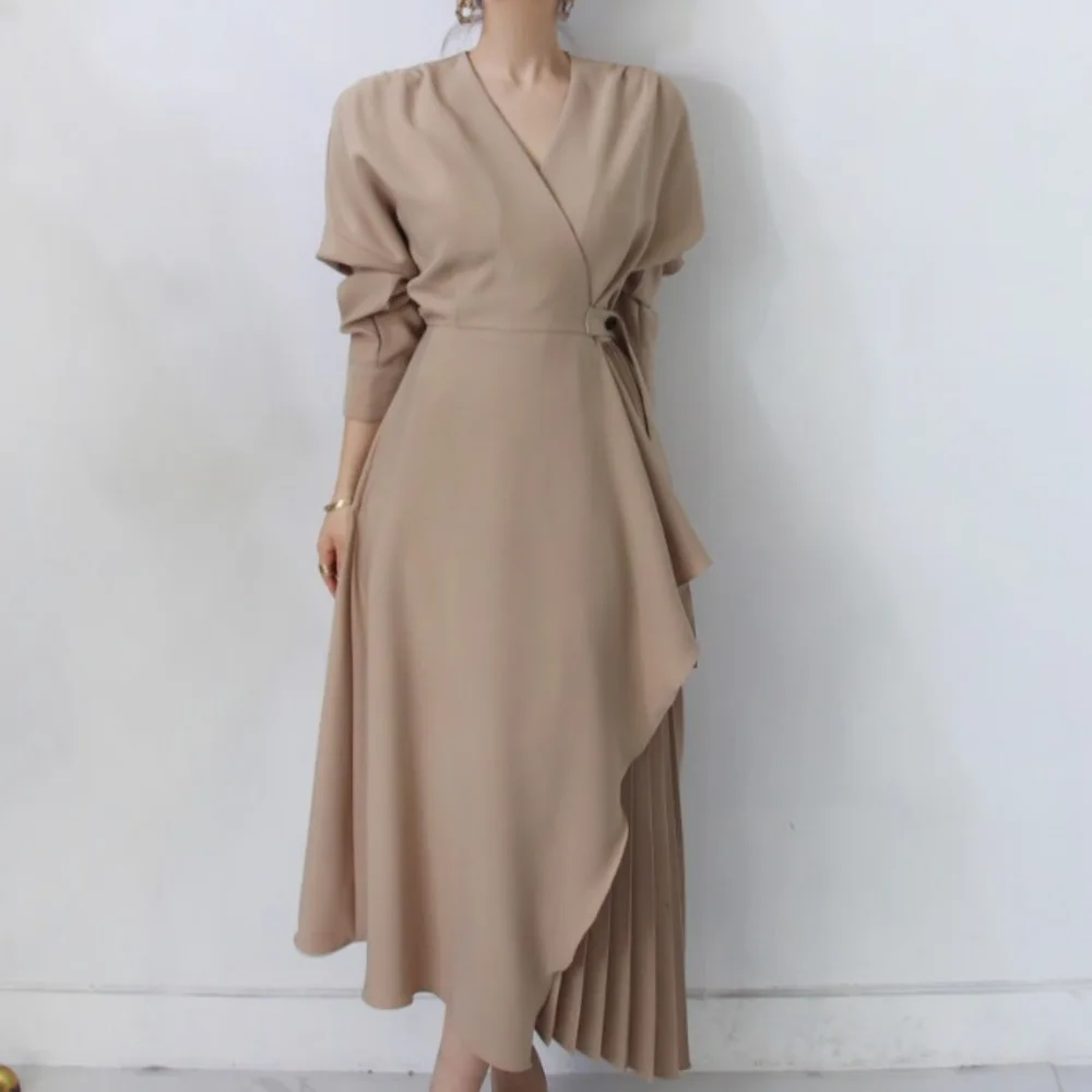 Осень лето 2020 новое модное женское платье с поясом в Корейском стиле v образным