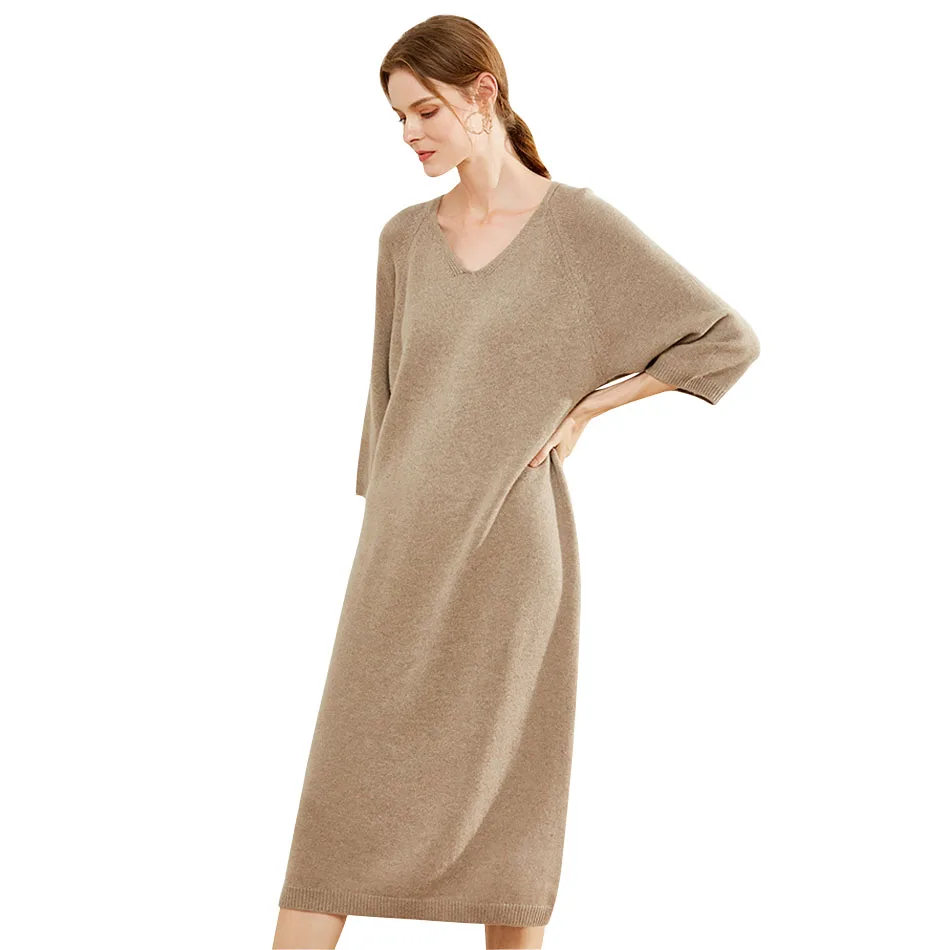 YJMY Inner Mongolian Cashmere Платье женское с v-образным вырезом ребристые манжеты подол весна осень вязаный свитер в магазине Slava