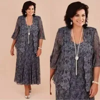 2020 Mother Of Bride Dresses Suits With Jackets Gray Lace Tea Length Plus Size Outfit Formal Wedding Party Guest Dress