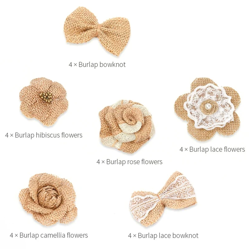24Pcs Handmade Natural Burlap Flowers Include Rose Lace With Pearls Hibiscus | Дом и сад