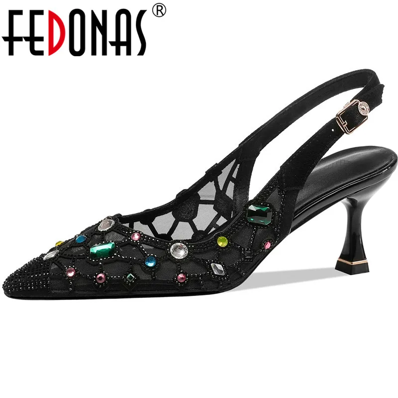 

FEDONAS Sexy Pointed Toe Sandals For Women Rhinestone Genuine Leather Shoes Woman Heels 2021 Summer Party Wedding Women Shoes