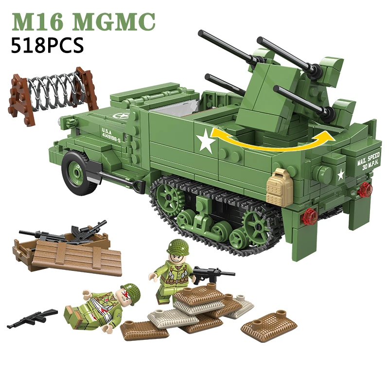 

M16 MGMC US Army Half track Military Vehicle Tank Panzer WW2 Mini Soldier Locking Figure Model Building Block Brick Children Toy