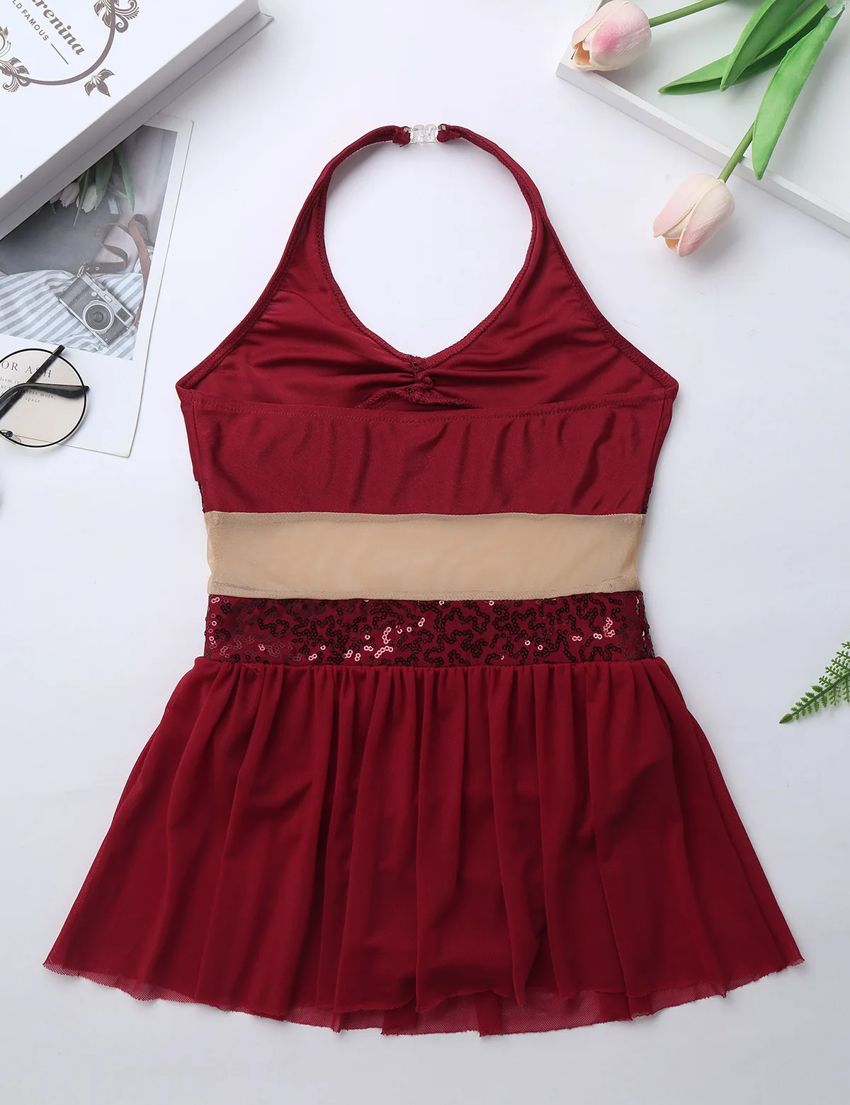 ChicTry Girls Halter Sequin Mesh Stretchy Figure Skating Dress Gymnastics Ballet Leotard Kids Performance Lyrical Dance Costumes