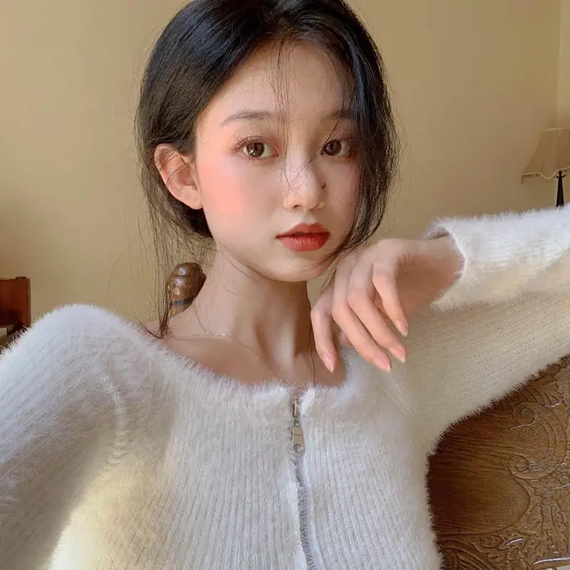 

Sexy Off Shoulder Women Cardigan Sweater Fashion Zipper Corp Long Sleeve Soft Ladies Tops Knitted Causal White Blouse