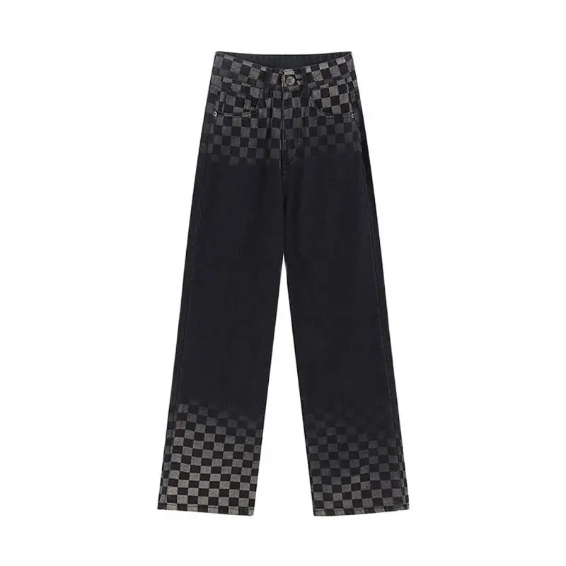 

Женские прямые джинсы в клетку в стиле ретро, Свободные повседневные брюки оверсайз из денима с эффектом потертости и градиентом, брюки из д...