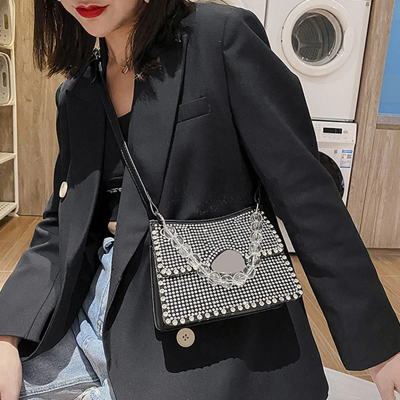 

S.IKRR PU Leather Crossbody Bags For Women 2020 Elegant Shoulder Handbags Female Acrylic Chain Cross Body Bag With Diamonds