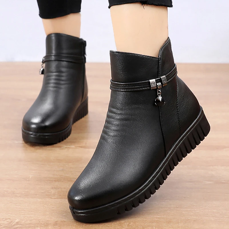 Ankle boots for women String Bead Winter Plush Warm Split leather Women Boots Female Zip Shoes Plus Size 41|Женские полусапожки| |