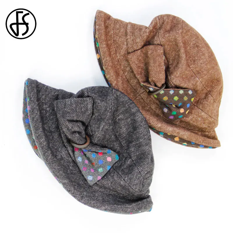 FS Elegant Wool Hat For Women Dark Grey Brown Warm Foldable Ladies Short Brim With Polka Bowknot Winter Fisherman Bucket Hats