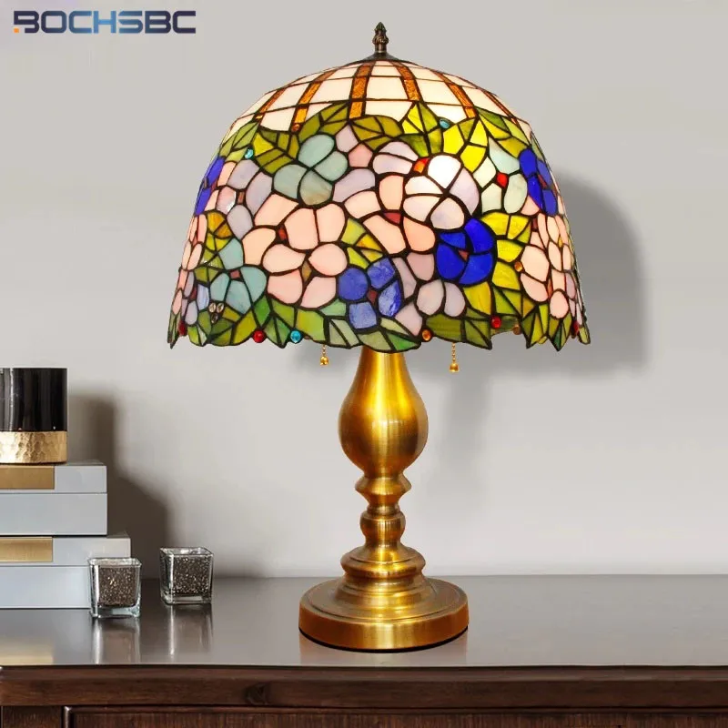

BOCHSBC Tiffany Country Style Table Lamp Orchid Stained Glass Desk Light Pull Chain Switch Alloy Gold Frame Decoration Lighting