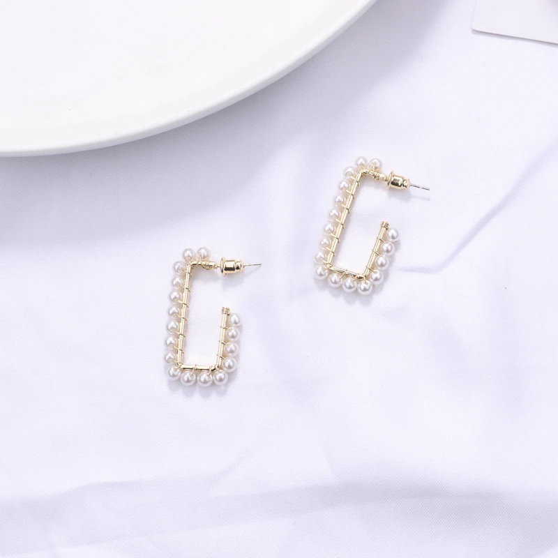 Серьги-кольца с имитацией под жемчуг женские массивные геометрические круглые