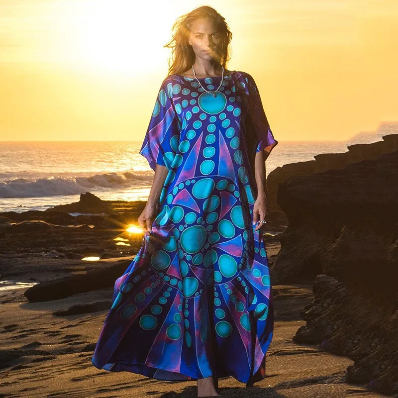 

2022 Summer Women Beachwear Kaftan Beach Dress Loose Batwing Sleeve Round Neck Multicolored Print Maxi Dress Robe de plage Q687