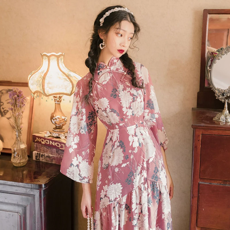 Новый Улучшенный Ципао китайский элегантный красный ханьфу с длинным рукавом