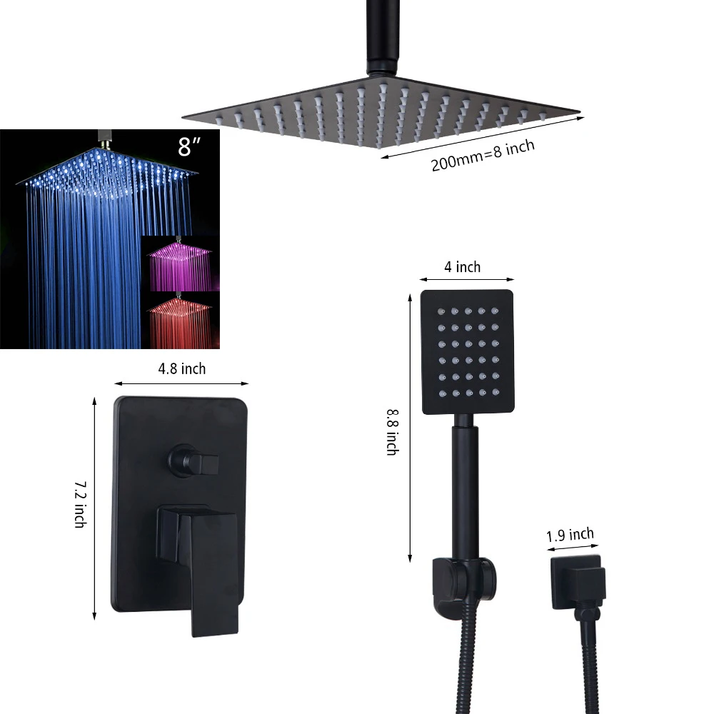 led8inch shower A Monite черный набор душевых смесителей для ванной комнаты, черное потолочное крепление 8 12 16 светодиодный смеситель для душа W/смеситель для ручного душа - Цвет: led8inch shower A