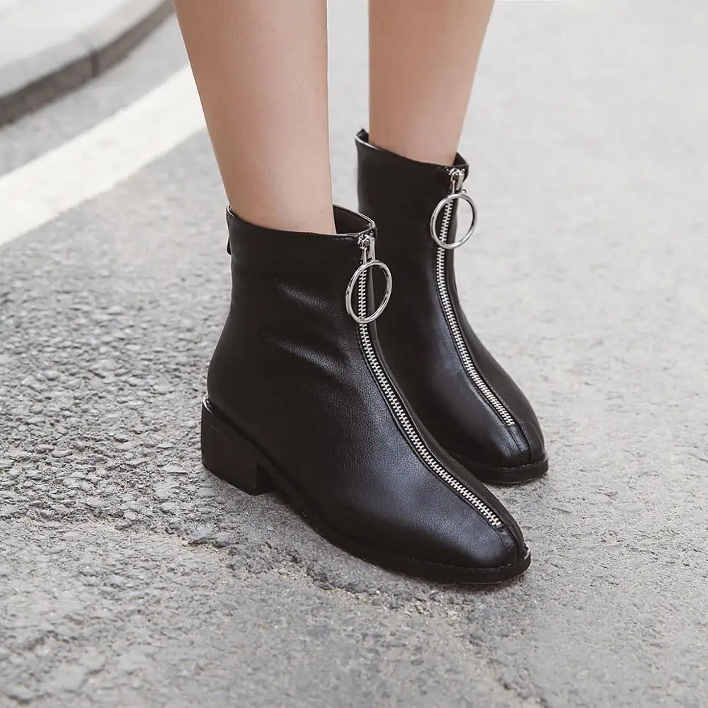 Женские ботинки на молнии спереди однотонные из искусственной кожи с квадратным