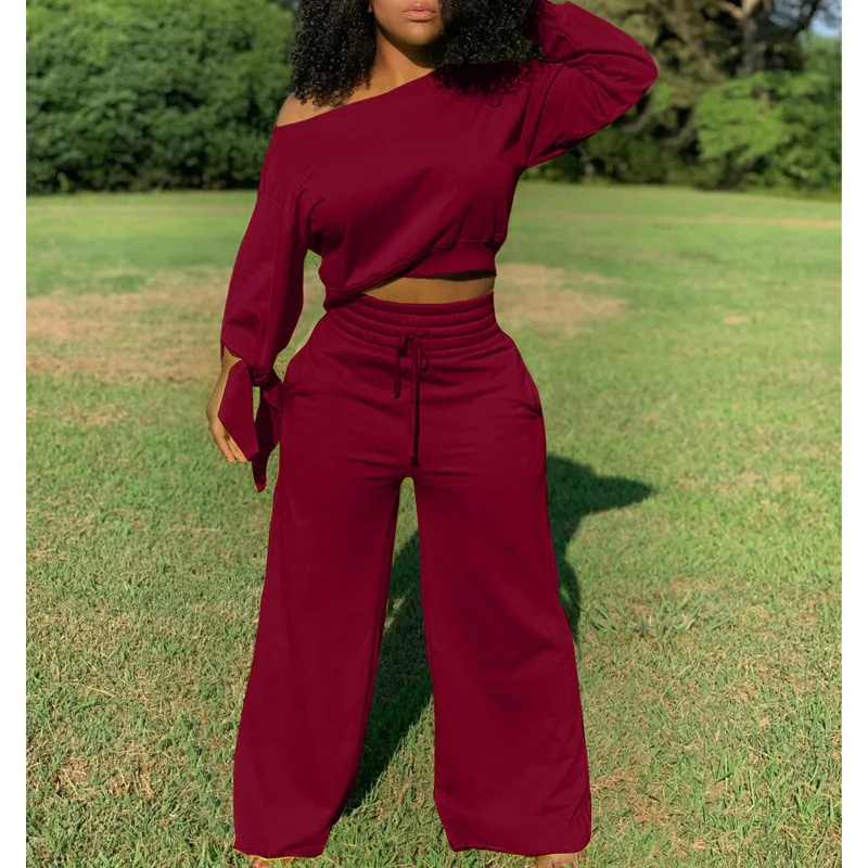 

Новый Модный женский флисовый Топ с длинным рукавом и повседневные брюки с широкими штанинами, однотонные спортивные костюмы из двух предм...