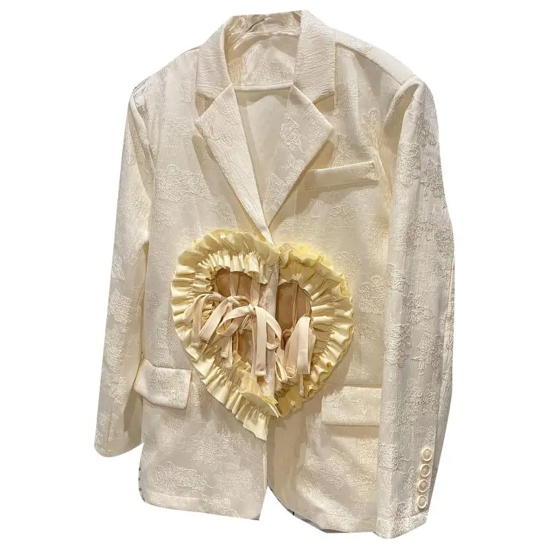 

Embroidery Flower Fabric 3d Love Tie Blazer Women's 2021 Summer New Small Fragrance Beige Coat