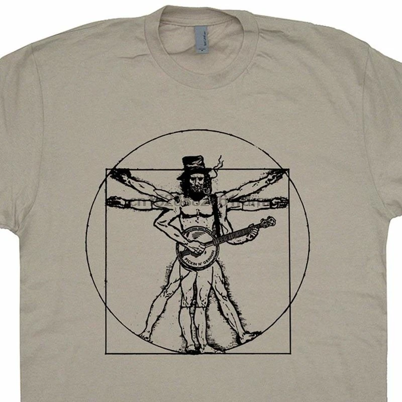 Одежда футболка для банджо синяя с изображением Человека да Винчи бас гитарой