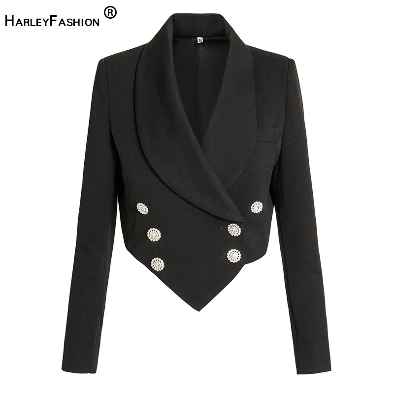 

HarleyFashion Дизайн Шаль Воротник элегантные винтажные двубортные бриллиантовые пуговицы черные Асимметричные короткие куртки наивысшего каче...