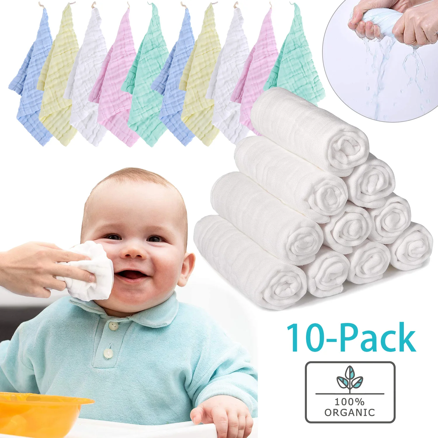 10 упаковок детских муслиновых салфеток квадратов полотенец для рук натуральный