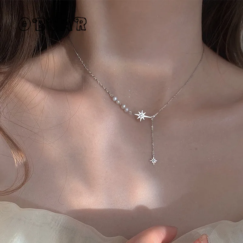 

OBEAR Korean Sweet Pearl Shiny Zircon Sun Pendant Necklace Women Temperament Wedding Gift Jewelry Wholesale